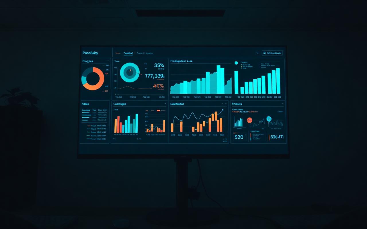 A large dark monitor showing a productivity dashboard with glowing charts and metrics in a dim empty office