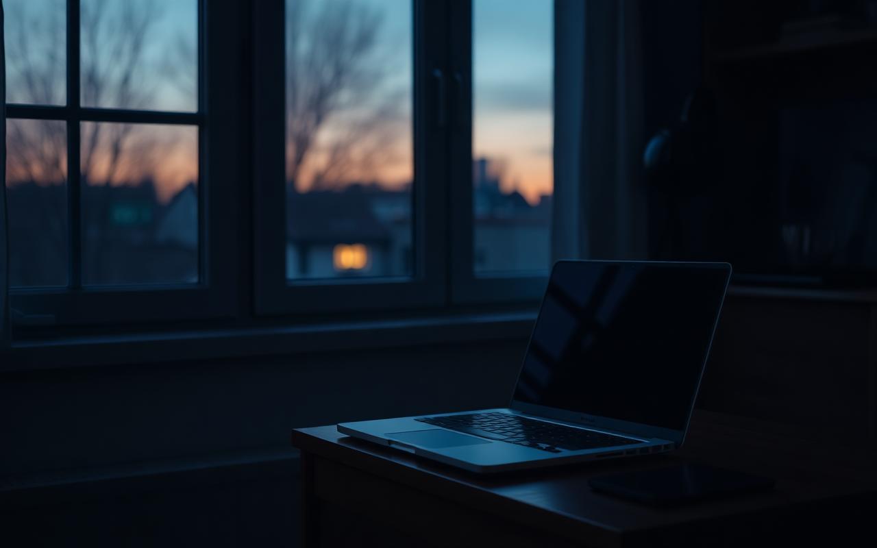 A quiet home office at dusk with a laptop open near a window and a small red camera indicator glowing on the screen