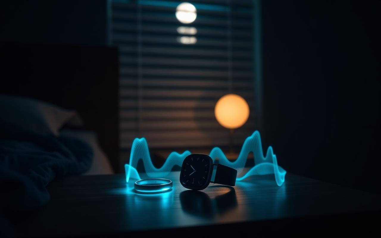 A smart ring and smartwatch on a dark wooden nightstand with glowing biometric waveforms floating in the air
