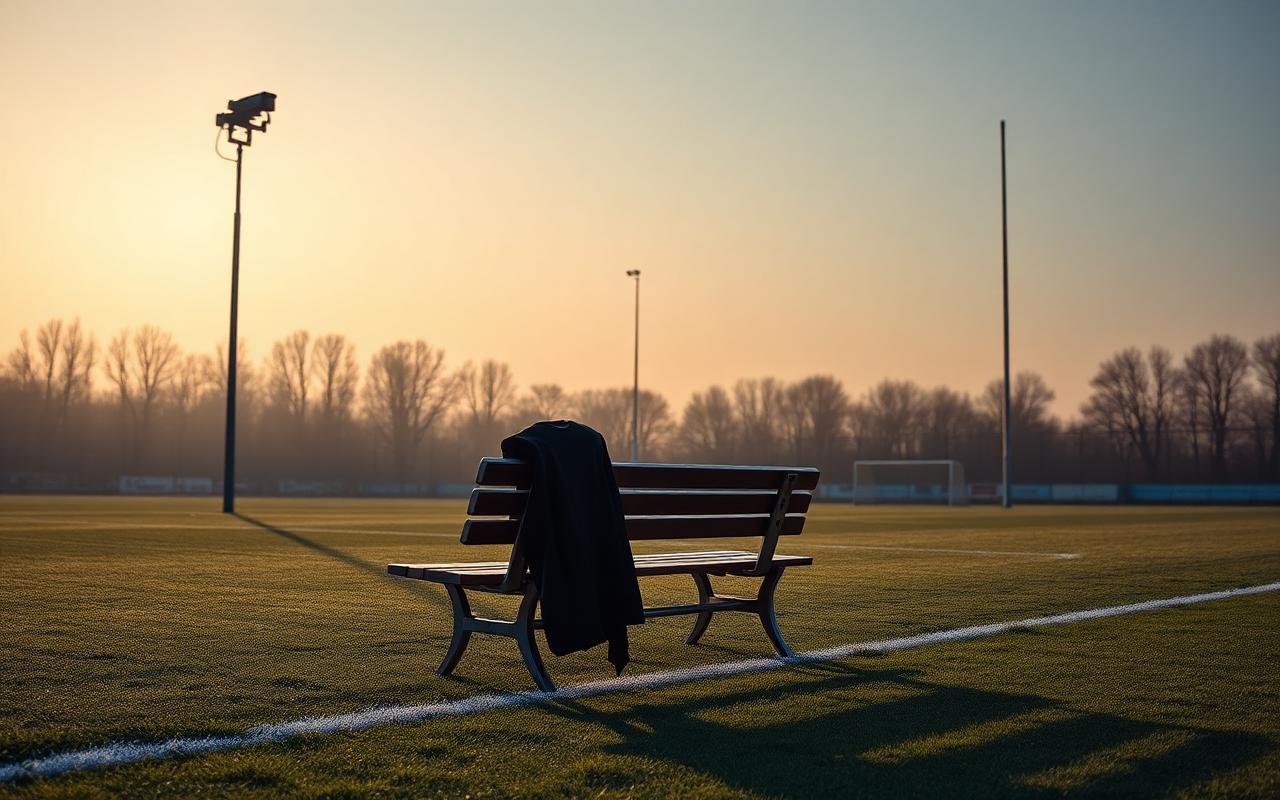 Empty soccer training pitch at dawn with motion-capture cameras on poles and a sensor vest on a bench