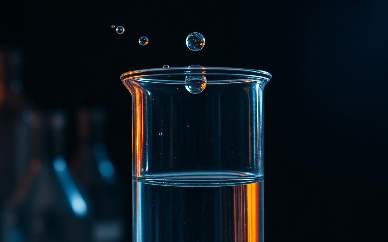 A clear water droplet falling toward a glass beaker in a dim laboratory, refracted light catching on the rim