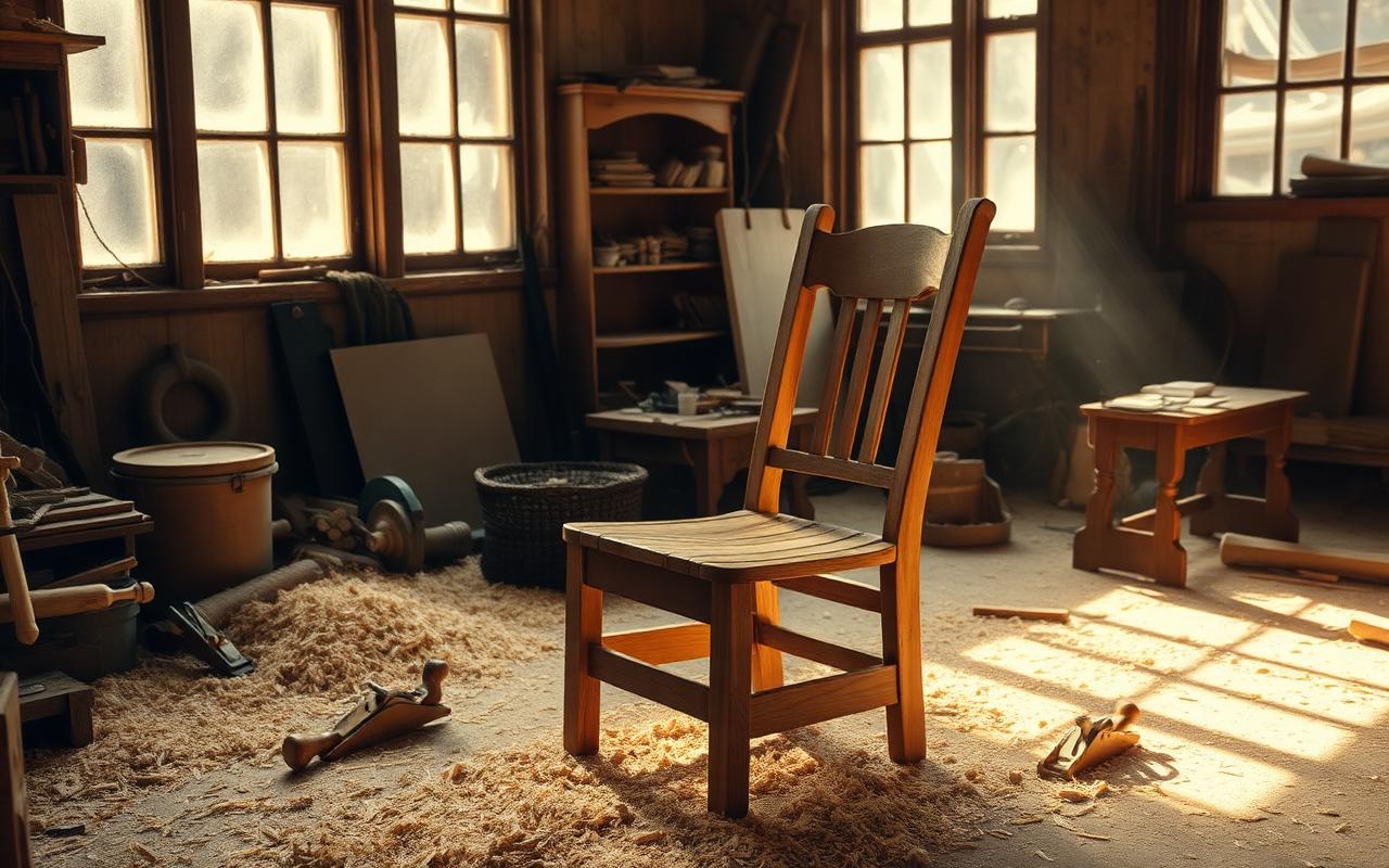 A half-finished wooden chair in a workshop surrounded by shavings and hand planes in warm light