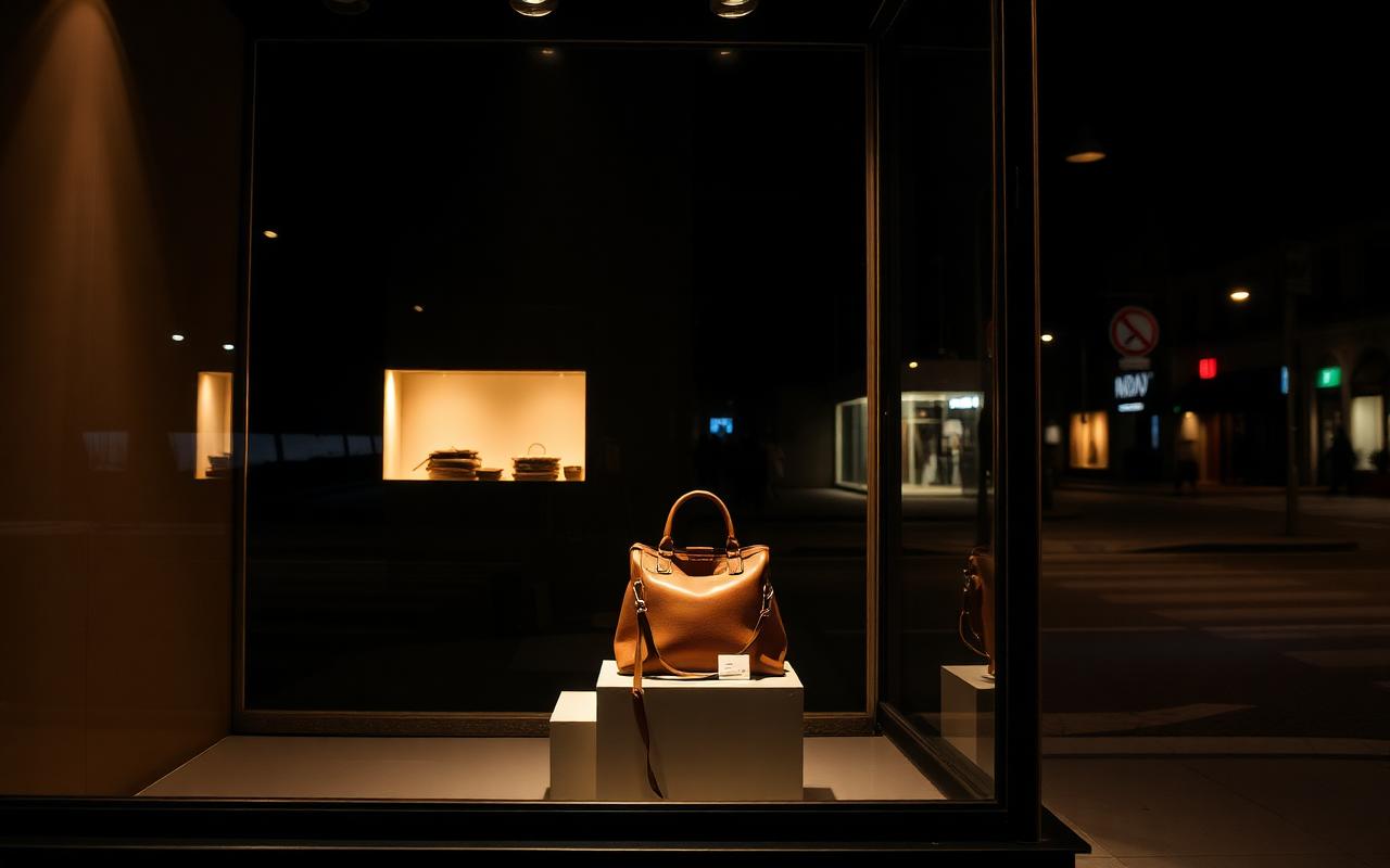 A lit boutique window at night displaying a single handmade leather bag on a pale plinth