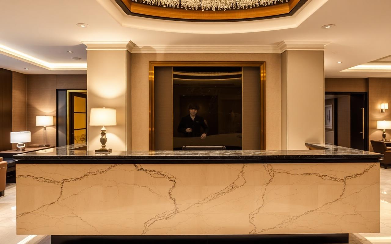 A polished hotel reception desk with a single small lamp on a marble surface and ambient lobby lighting A polished hotel reception desk with a single small lamp on a marble surface and ambient lobby lighting