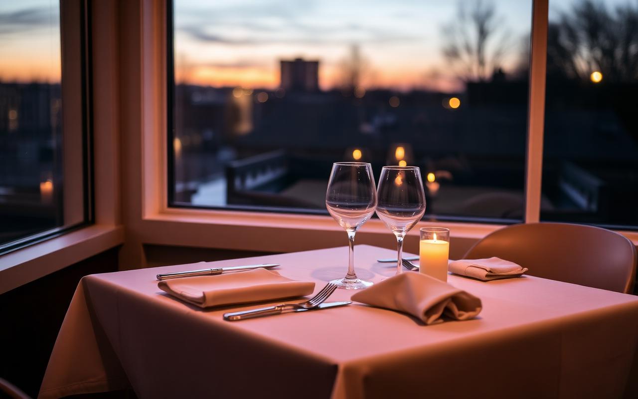 A perfectly set fine-dining table for two beside a window at dusk with candle glow and neutral linen A perfectly set fine-dining table for two beside a window at dusk with candle glow and neutral linen