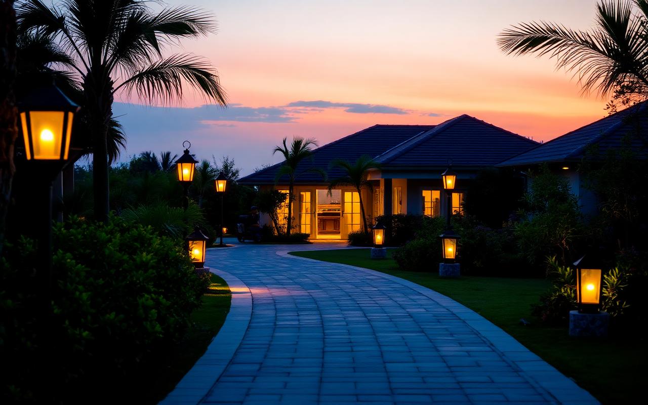A serene resort pathway flanked by lanterns at twilight leading toward open villa doors with warm ambient light A serene resort pathway flanked by lanterns at twilight leading toward open villa doors with warm ambient light