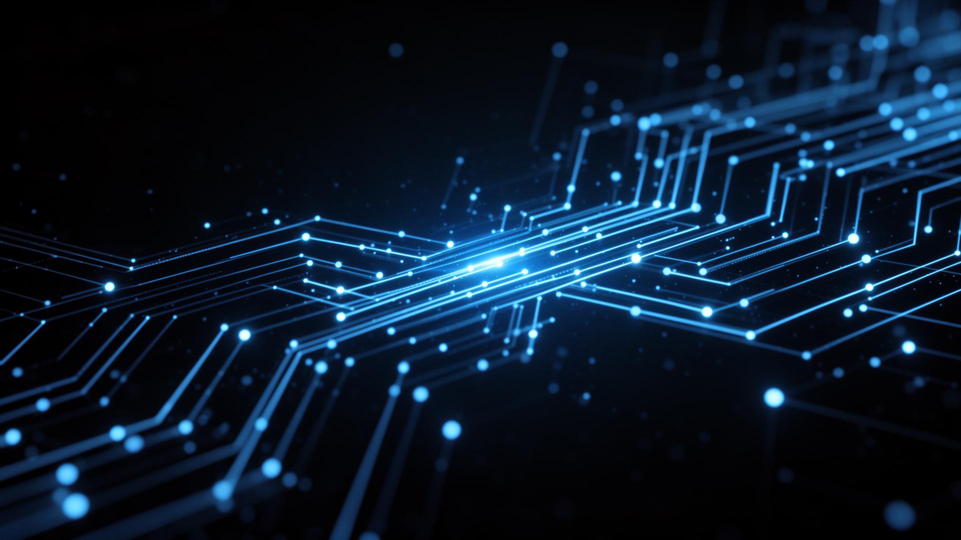 Abstract glowing data points being filtered through a funnel, blue and amber light streams on a dark background