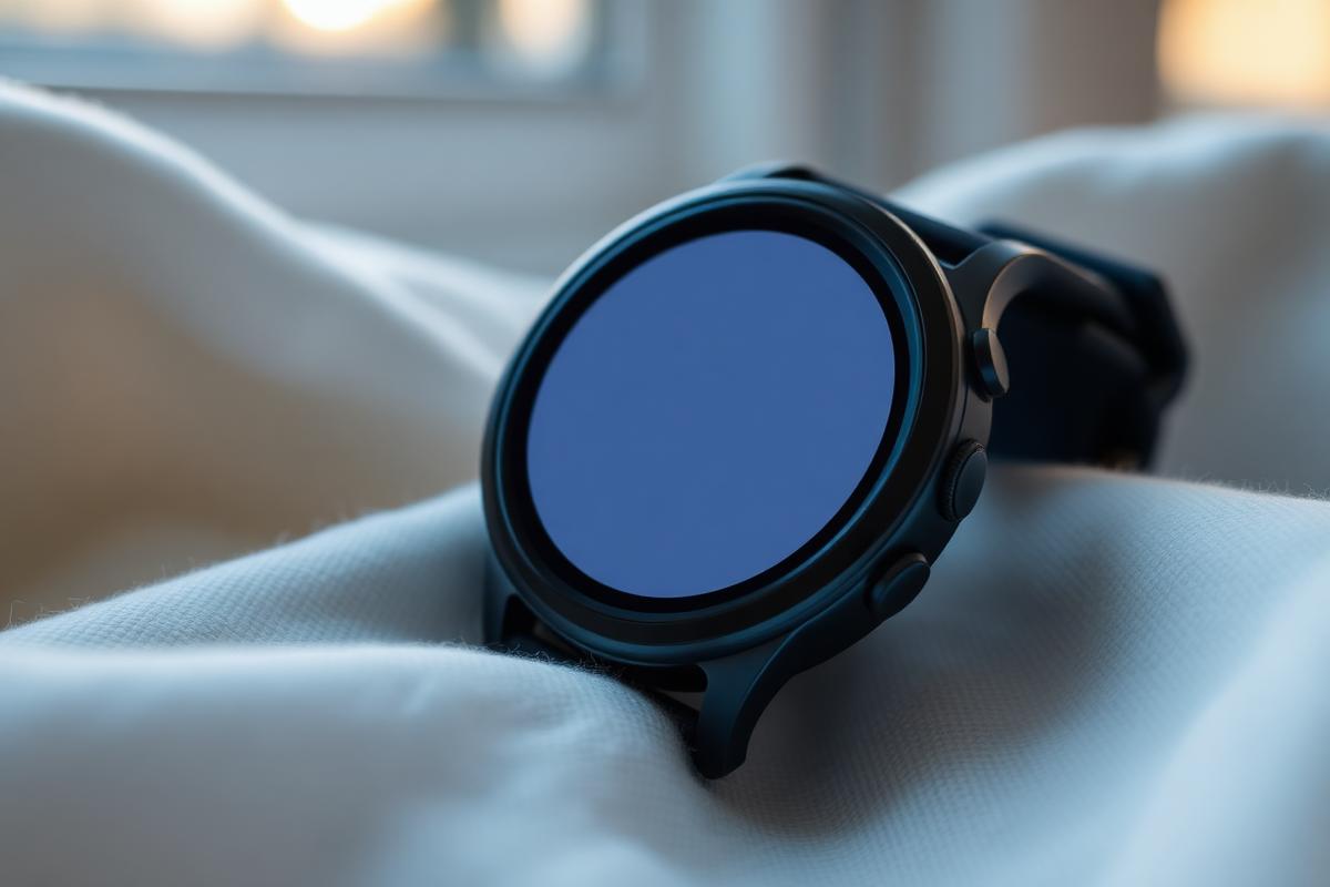 A blank smartwatch resting on soft linen fabric in warm window light with faint concentric glow rings A blank smartwatch resting on soft linen fabric in warm window light with faint concentric glow rings