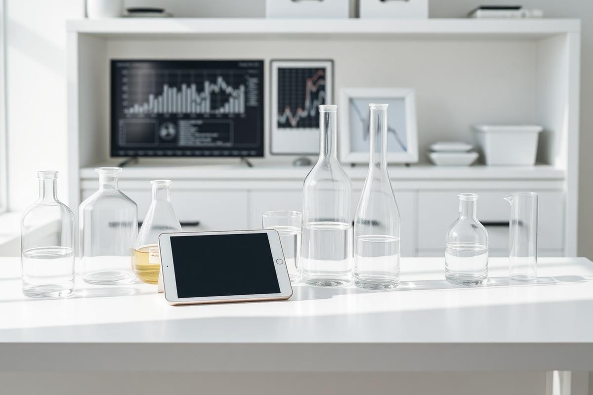 A minimalist clinical setting with glass laboratory vials and a tablet on a clean white desk in soft morning light A minimalist clinical setting with glass laboratory vials and a tablet on a clean white desk in soft morning light