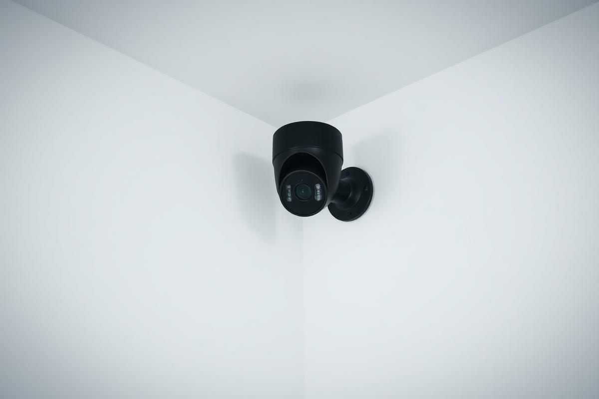 A small black security camera mounted in a clean white corner with soft diffused light A small black security camera mounted in a clean white corner with soft diffused light