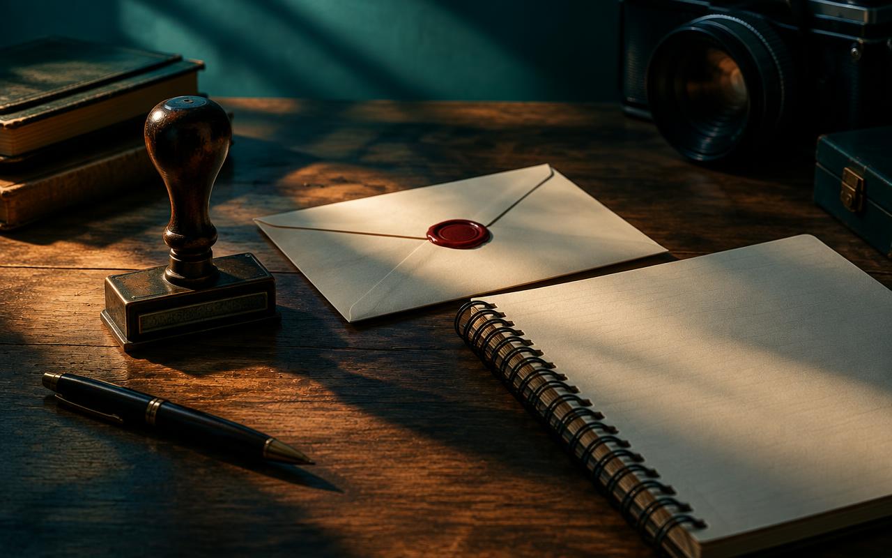 A vintage stamp, sealed envelope, camera, and blank notebook