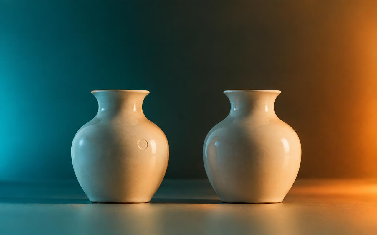 Two nearly identical ceramic vessels, one carrying a maker mark