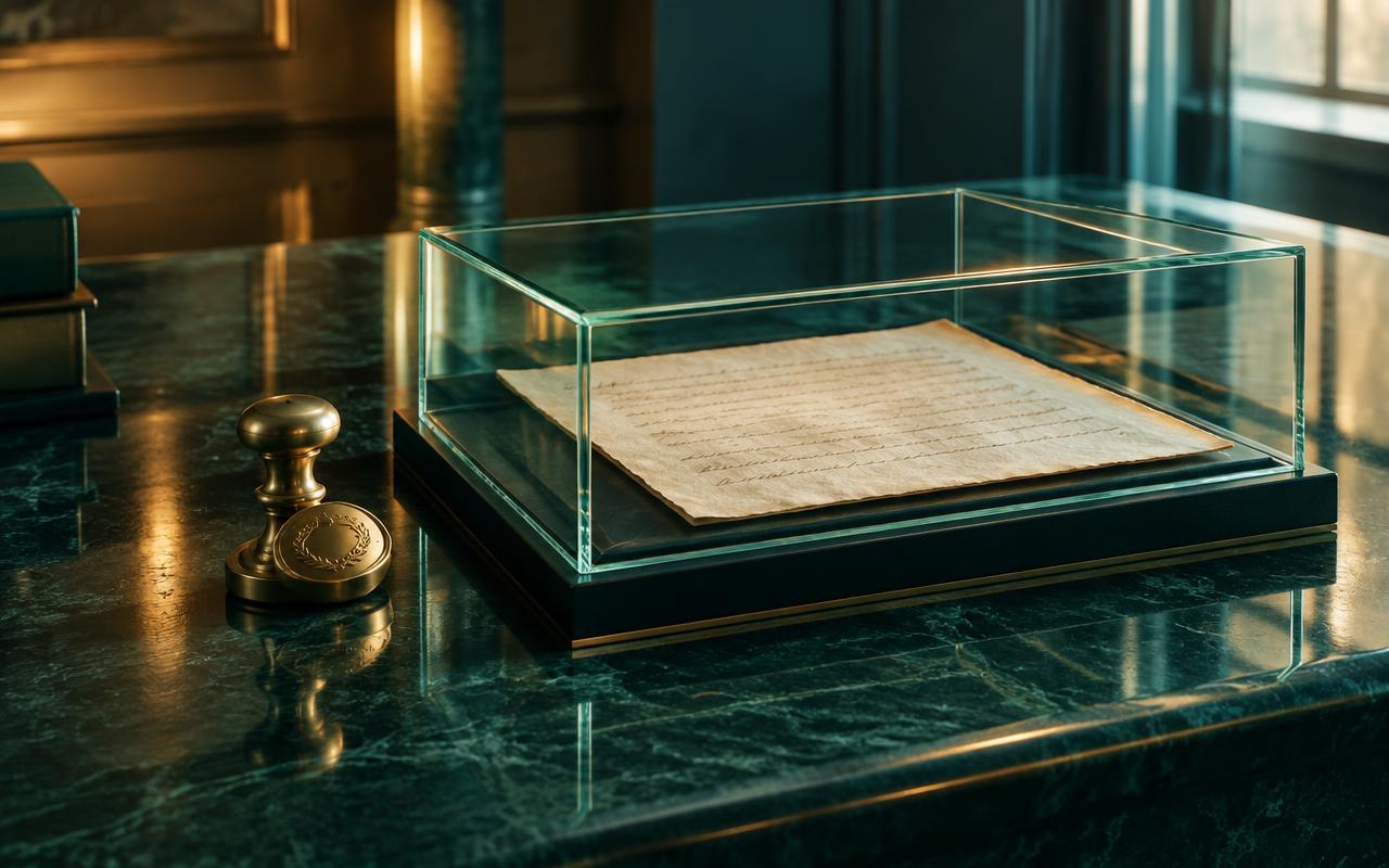 An original manuscript protected inside a clear display case