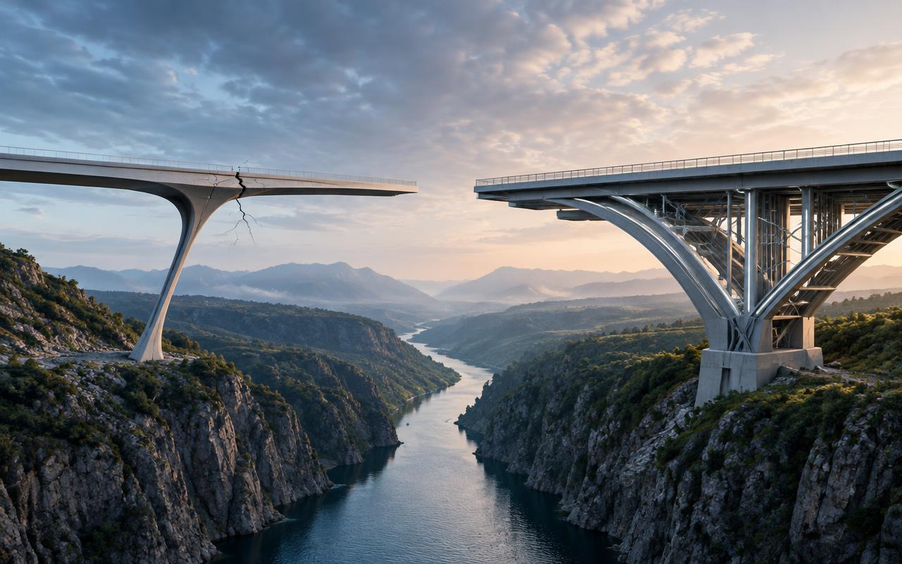 A thin cracked bridge contrasted with a reinforced resilient bridge