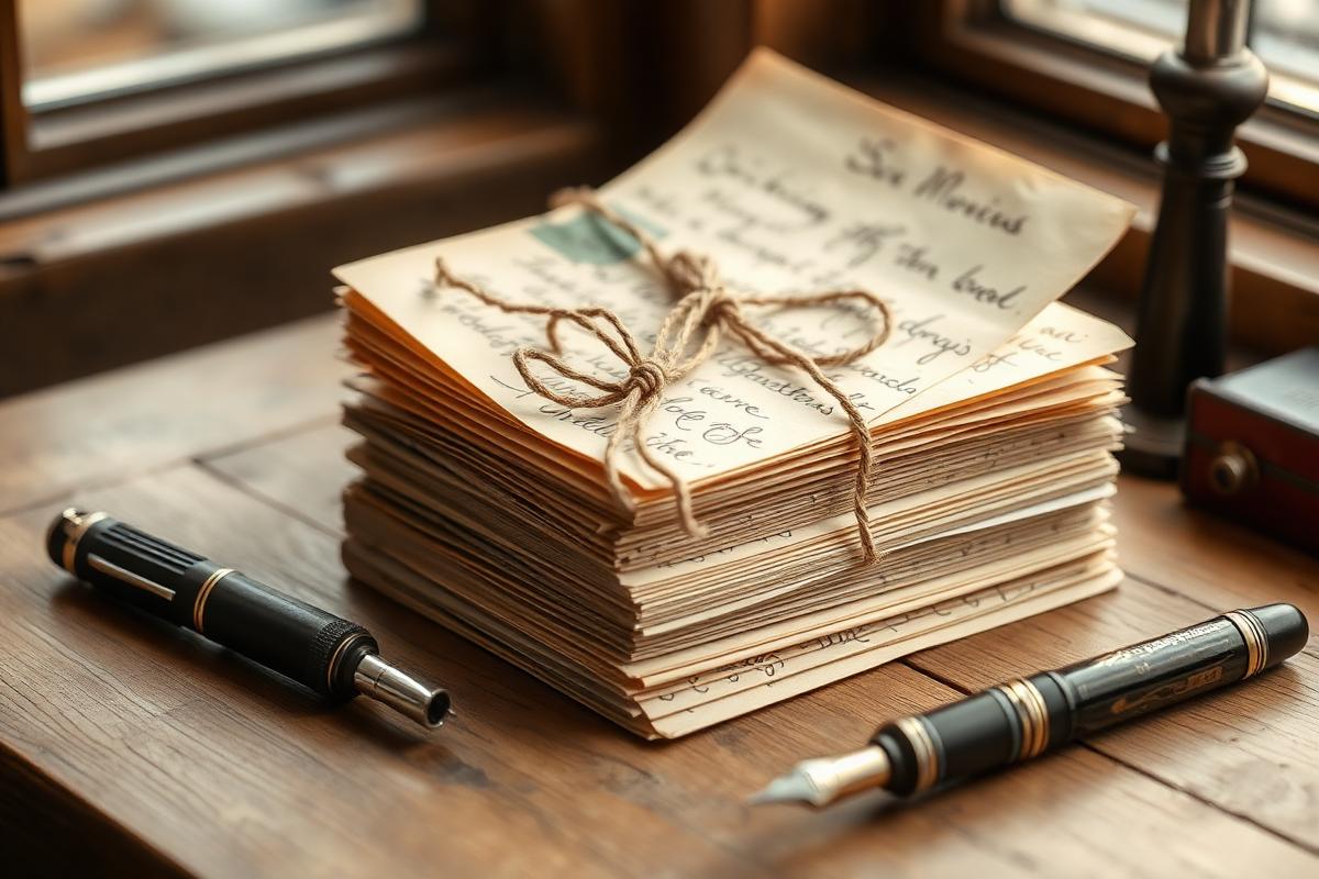 A stack of old handwritten letters tied with twine on a wooden table beside a vintage fountain pen in warm window light