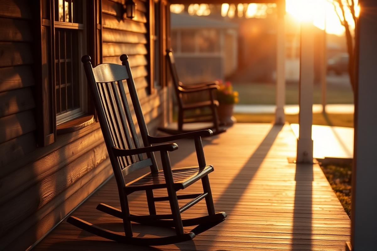 An empty wooden rocking chair on a quiet porch at golden hour with warm sunlight stretching across the floorboards
