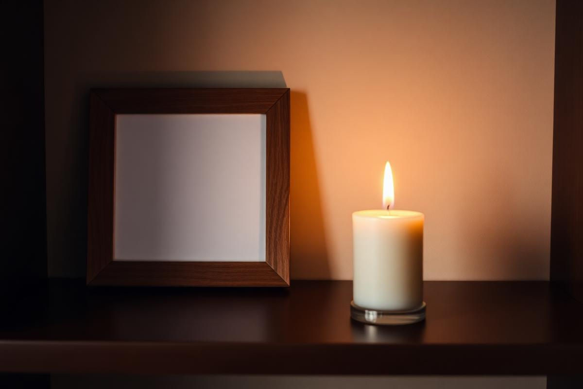 A single lit white candle beside an empty wooden picture frame on a dark wood shelf in warm amber glow