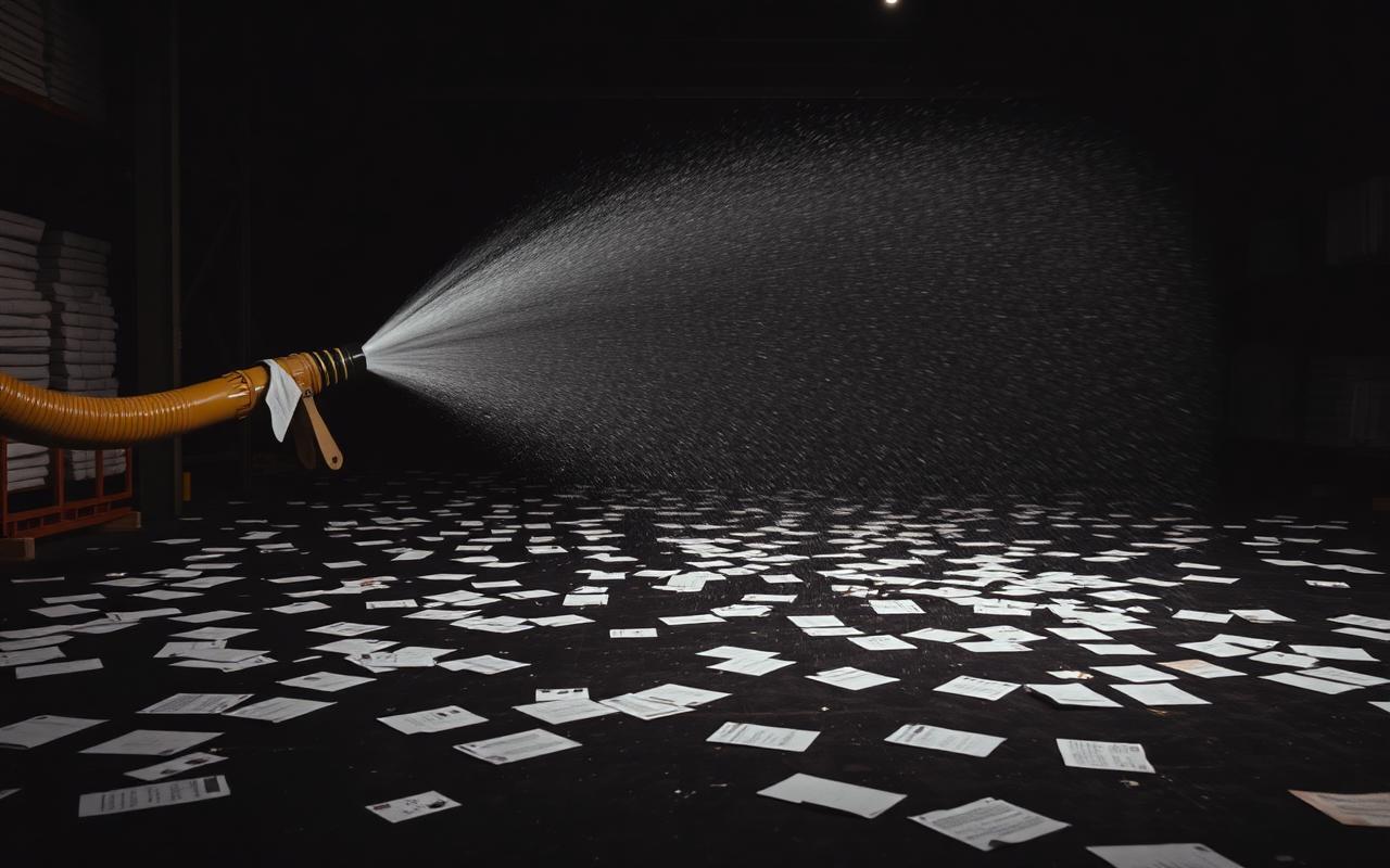 A firehose spraying paper documents that scatter across a dark warehouse floor in low light