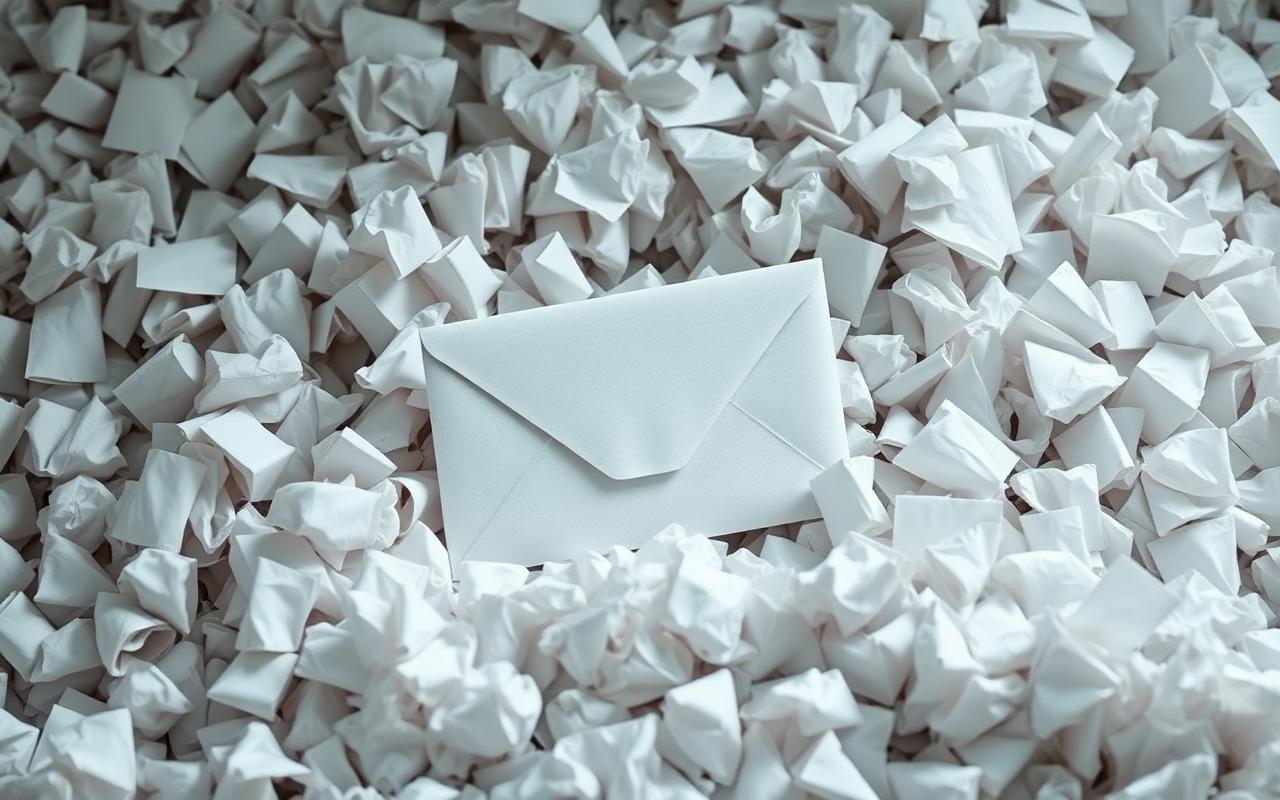 A single pristine white envelope resting on a mountain of crumpled paper waste under soft light