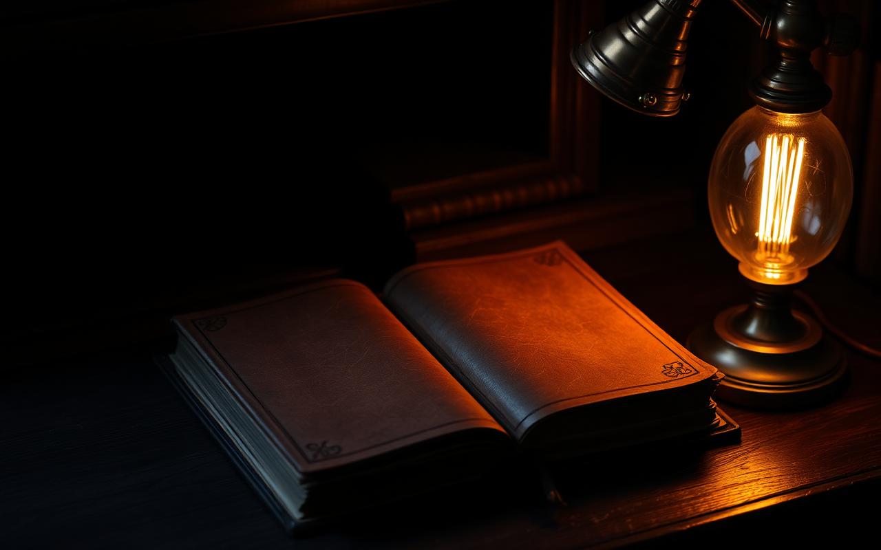 A worn leather bound book on a dark desk beside a small brass reading lamp in warm intimate light