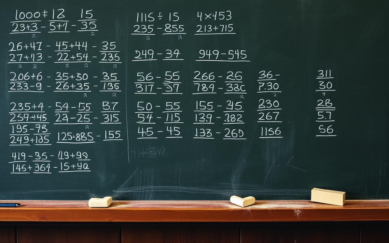A chalkboard covered in half-finished handwritten long division and crossed-out attempts with chalk dust on the ledge