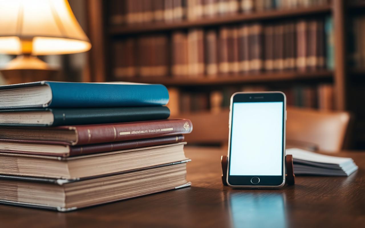 A stack of worn library books beside a glowing phone on a wooden table under warm lamp light