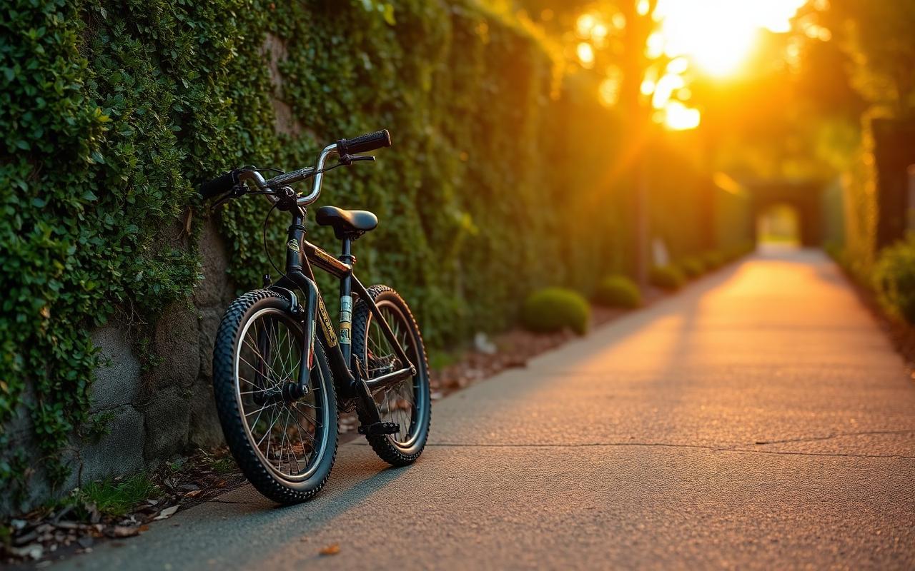 A child's bicycle with training wheels leaning against a garden wall at golden hour with an empty path ahead