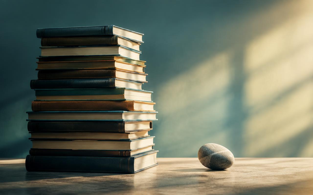 A tall stack of books beside a single balanced stone A tall stack of books beside a single balanced stone
