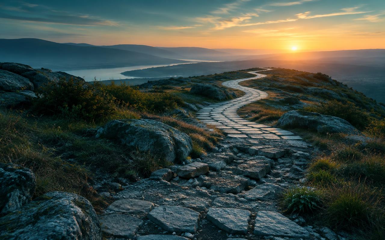 A rough stone path winding toward sunrise A rough stone path winding toward sunrise