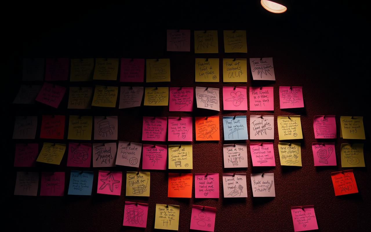 A grid of colourful sticky notes covered in scribbles and small drawings on a dark corkboard