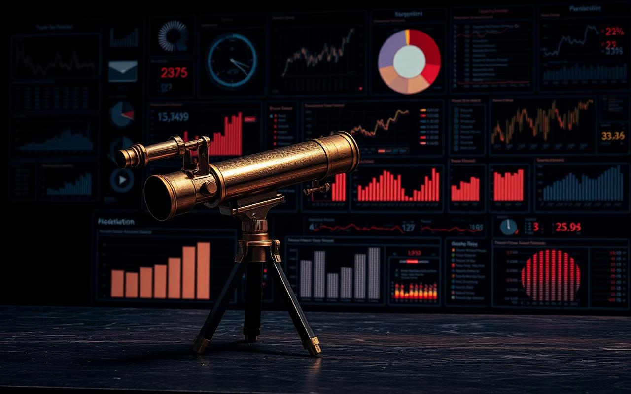 A vintage brass telescope on a dark table pointed toward a wall of glowing data charts