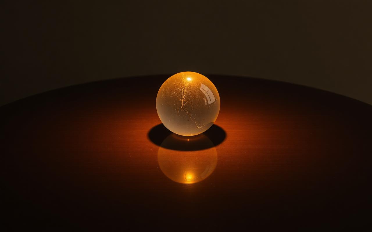 A single glowing marble on a dark polished table with soft warm reflected light