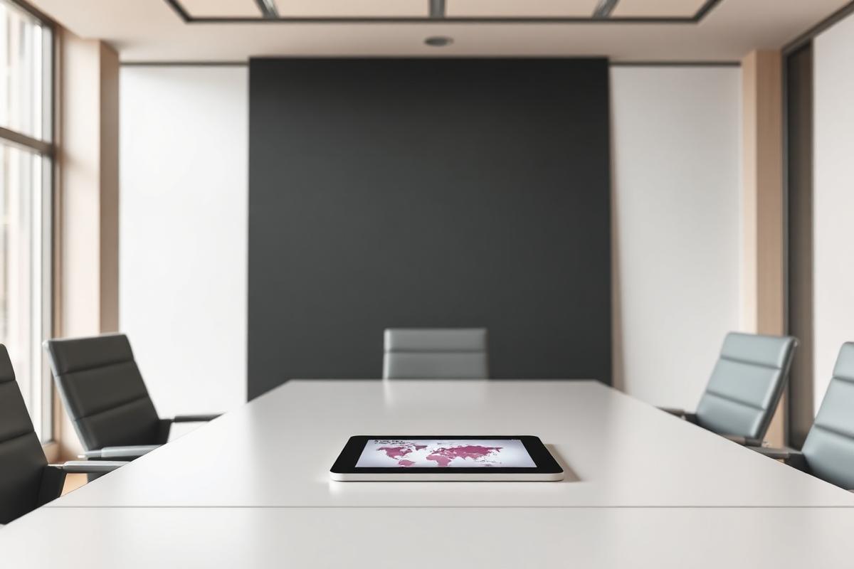 An empty boardroom table with a single tablet showing abstract data shapes in soft natural light An empty boardroom table with a single tablet showing abstract data shapes in soft natural light