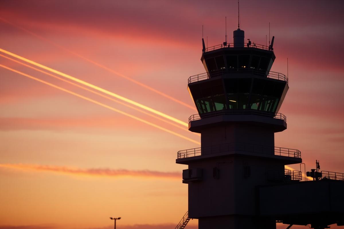 An air traffic control tower at golden hour with abstract glowing flight path lines crossing the sky An air traffic control tower at golden hour with abstract glowing flight path lines crossing the sky