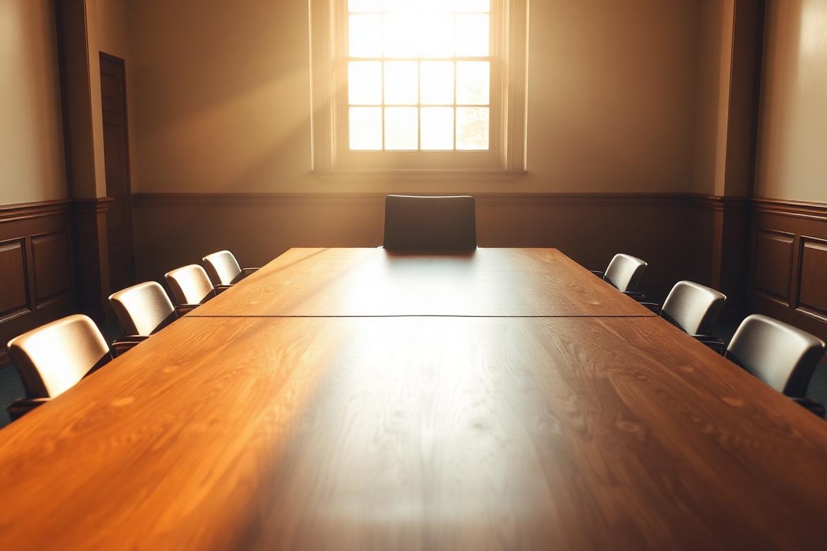 A single empty chair at the head of a long wooden conference table in warm morning light A single empty chair at the head of a long wooden conference table in warm morning light