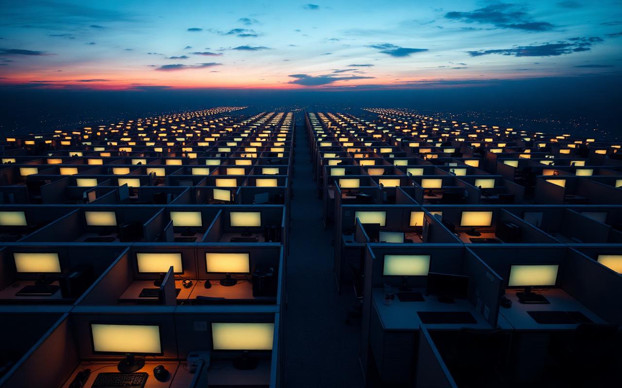 Rows of empty office cubicles at dusk seen from above with softly glowing monitors on each desk