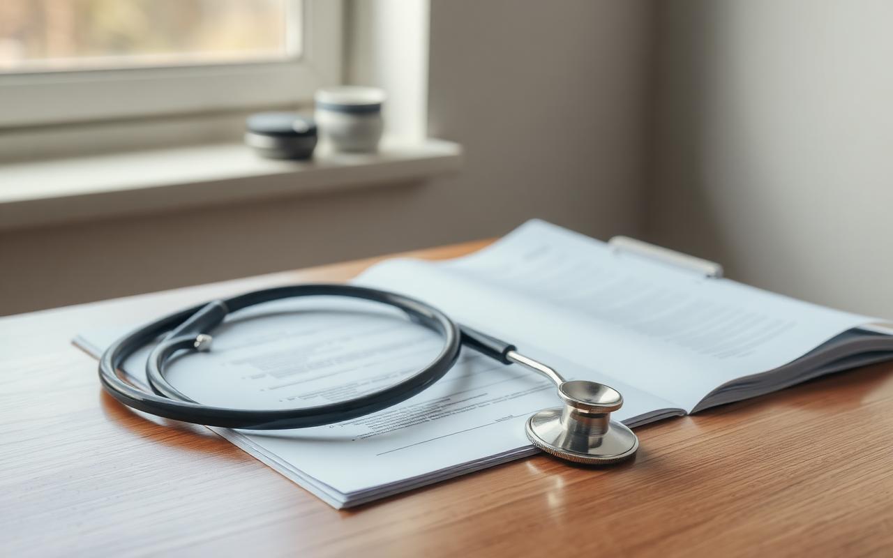 A stethoscope coiled beside an unopened medical chart on a wooden clinic desk in soft morning light