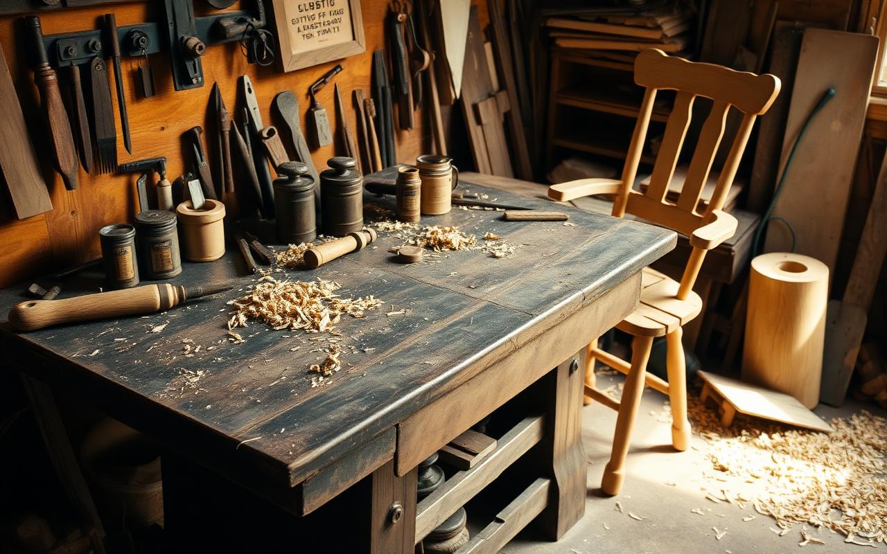 A worn leather craftsman workbench with tools and a half finished handmade chair in warm workshop light