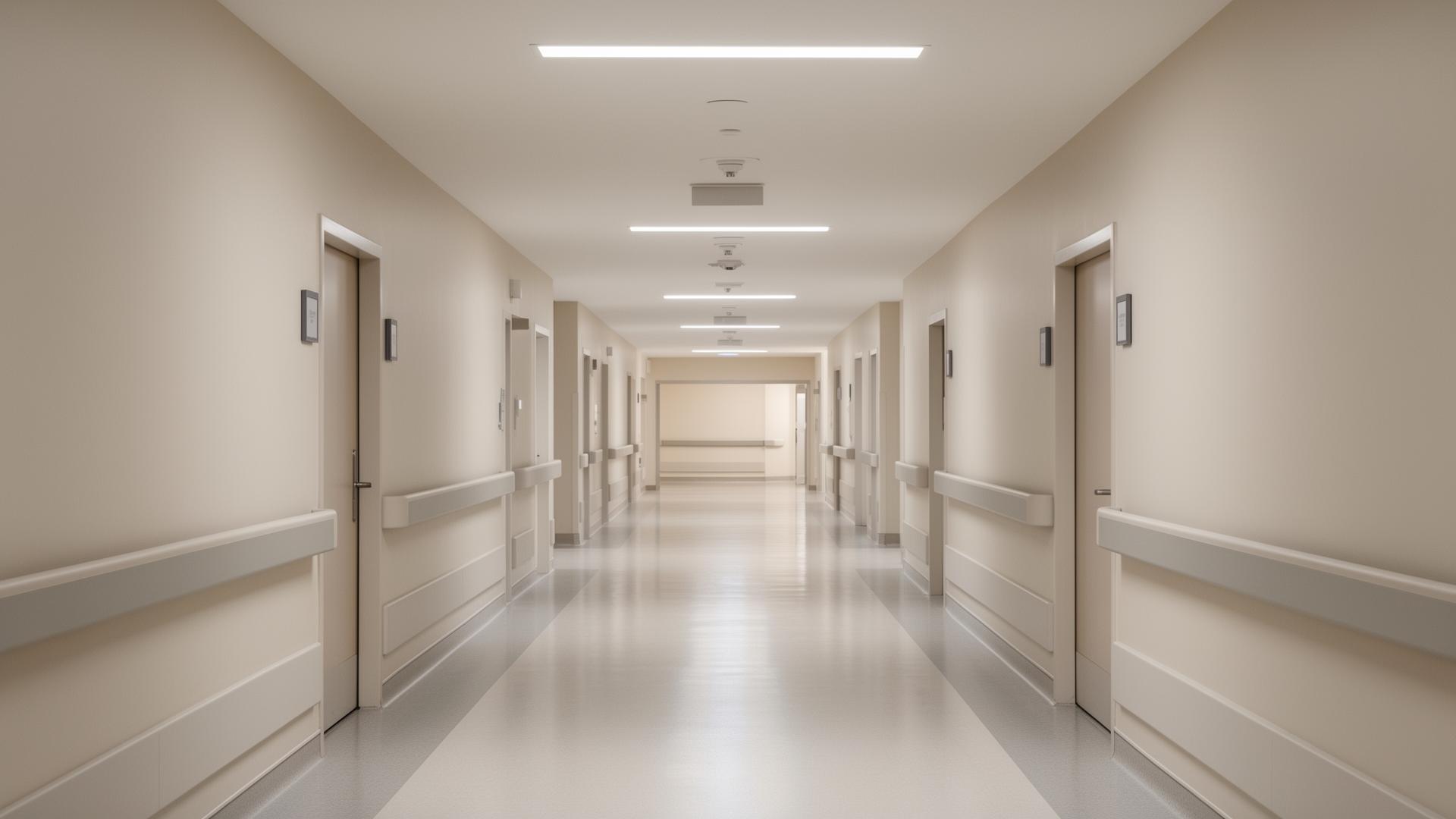 An empty bright hospital corridor with sunlight streaming through windows