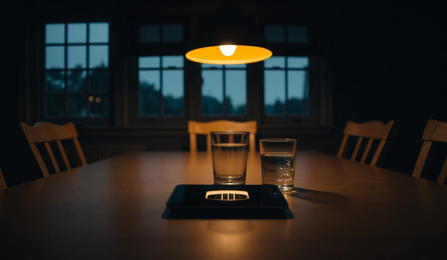 A person sitting alone at a kitchen table at night, phone in hand, soft lamplight