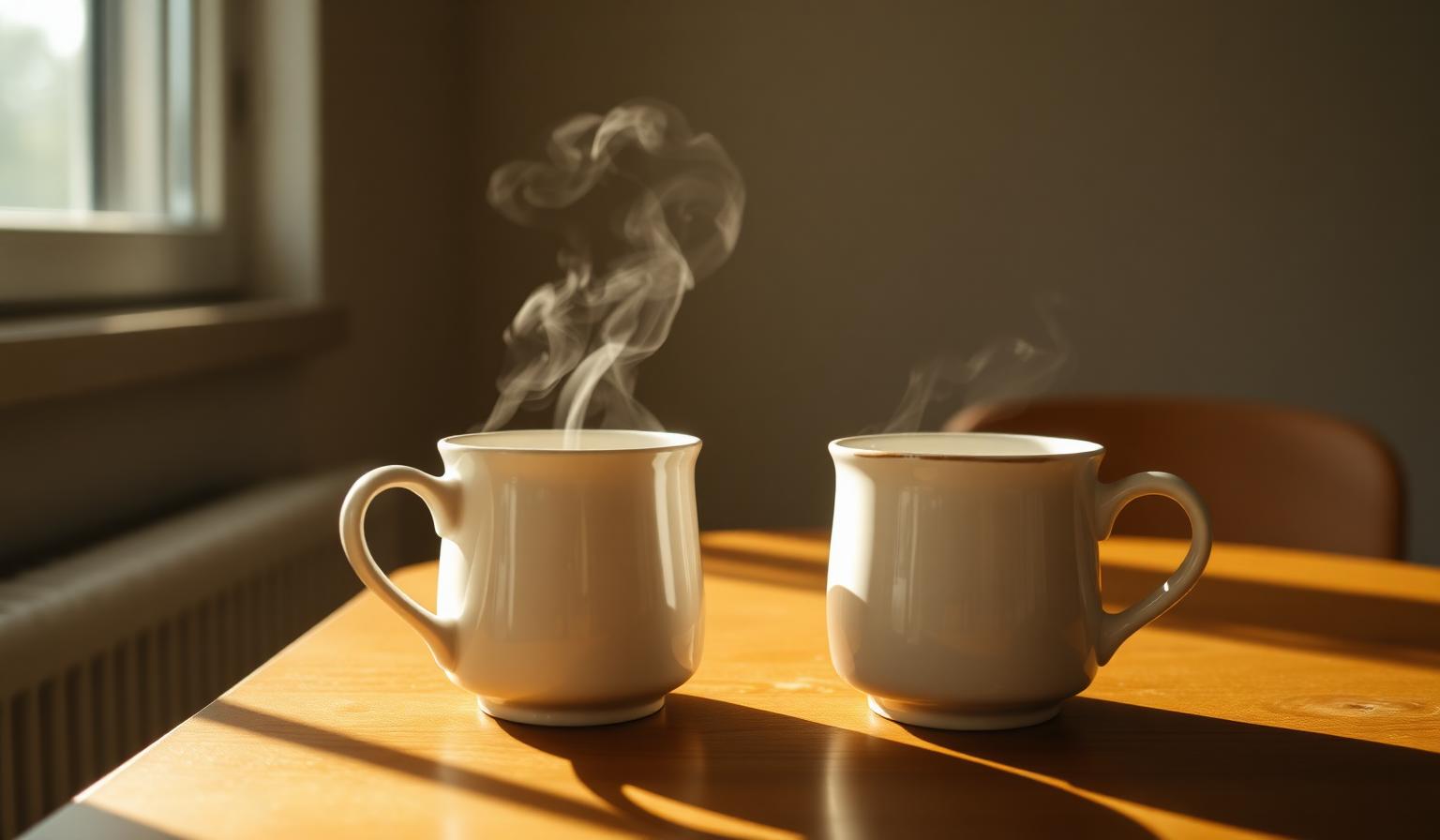 Two hands resting on a wooden table, one holding a warm mug, in a quiet sunlit room