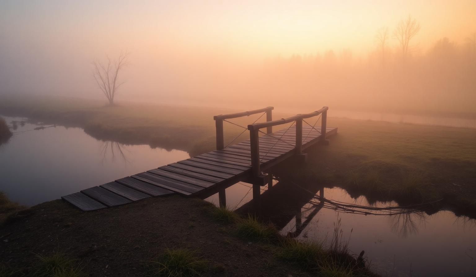 A wooden footbridge crossing a still creek at golden hour, soft mist rising