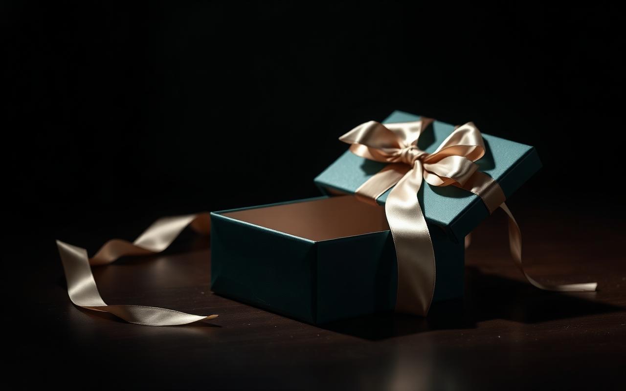 An open gift box wrapped in silk ribbon revealing an empty interior on a dark table An open gift box wrapped in silk ribbon revealing an empty interior on a dark table