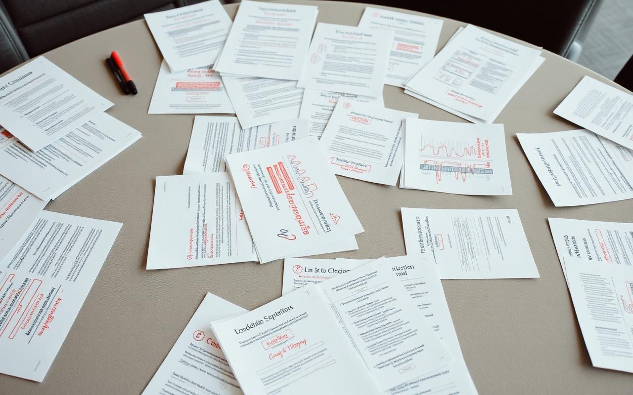 Printed slide handouts scattered across a meeting table covered in red pen annotations and question marks Printed slide handouts scattered across a meeting table covered in red pen annotations and question marks
