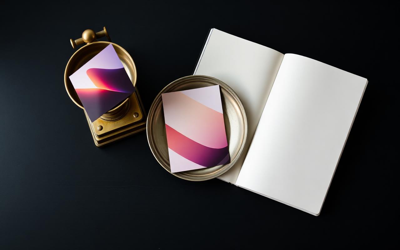 A brass balance scale weighing a glossy printed card against a plain notebook on a dark surface A brass balance scale weighing a glossy printed card against a plain notebook on a dark surface