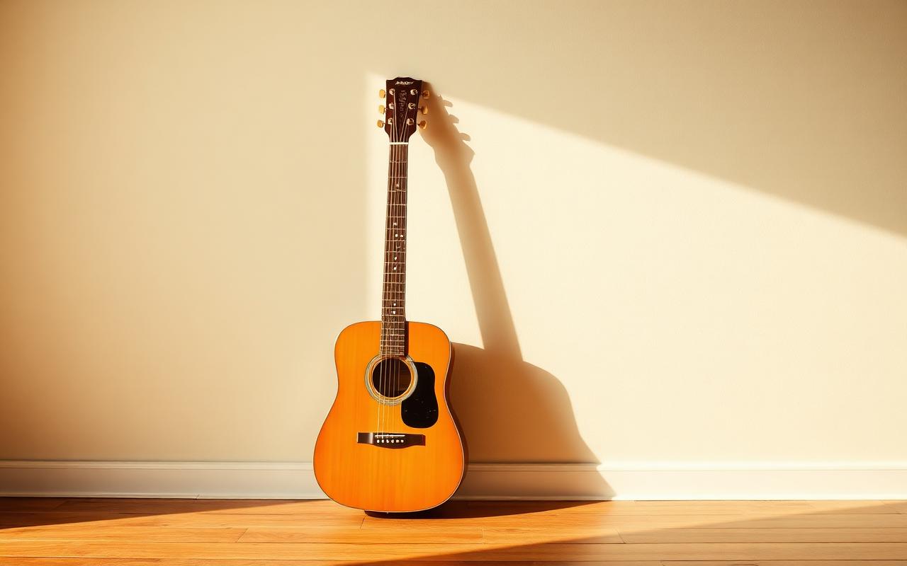 A single acoustic guitar leaning against a plain wall in warm afternoon light on a wooden floor