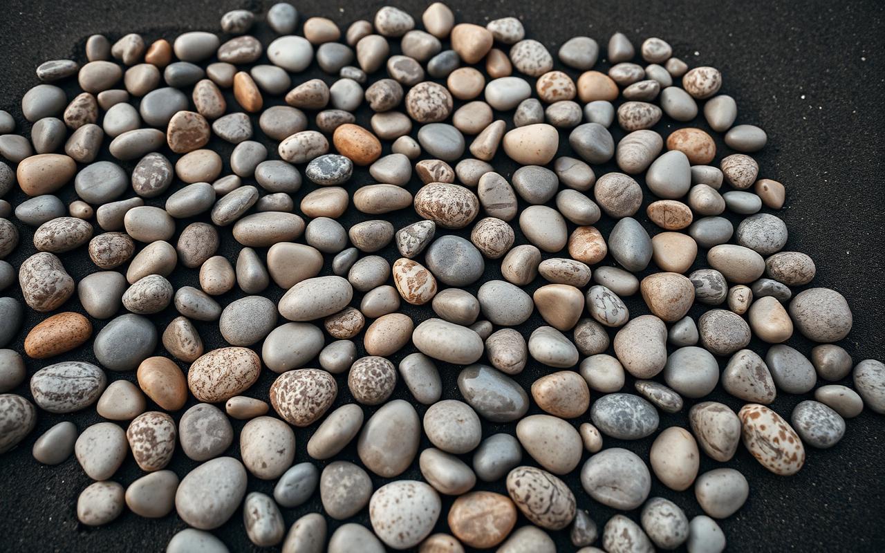 A close up of many identical smooth pebbles arranged in a perfect grid on wet dark sand