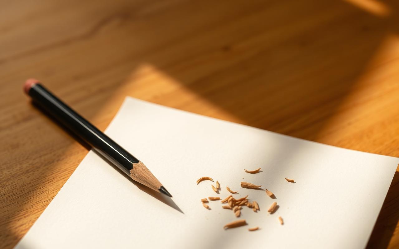 A single sharp pencil resting on a blank paper in warm side light with a small pile of shavings