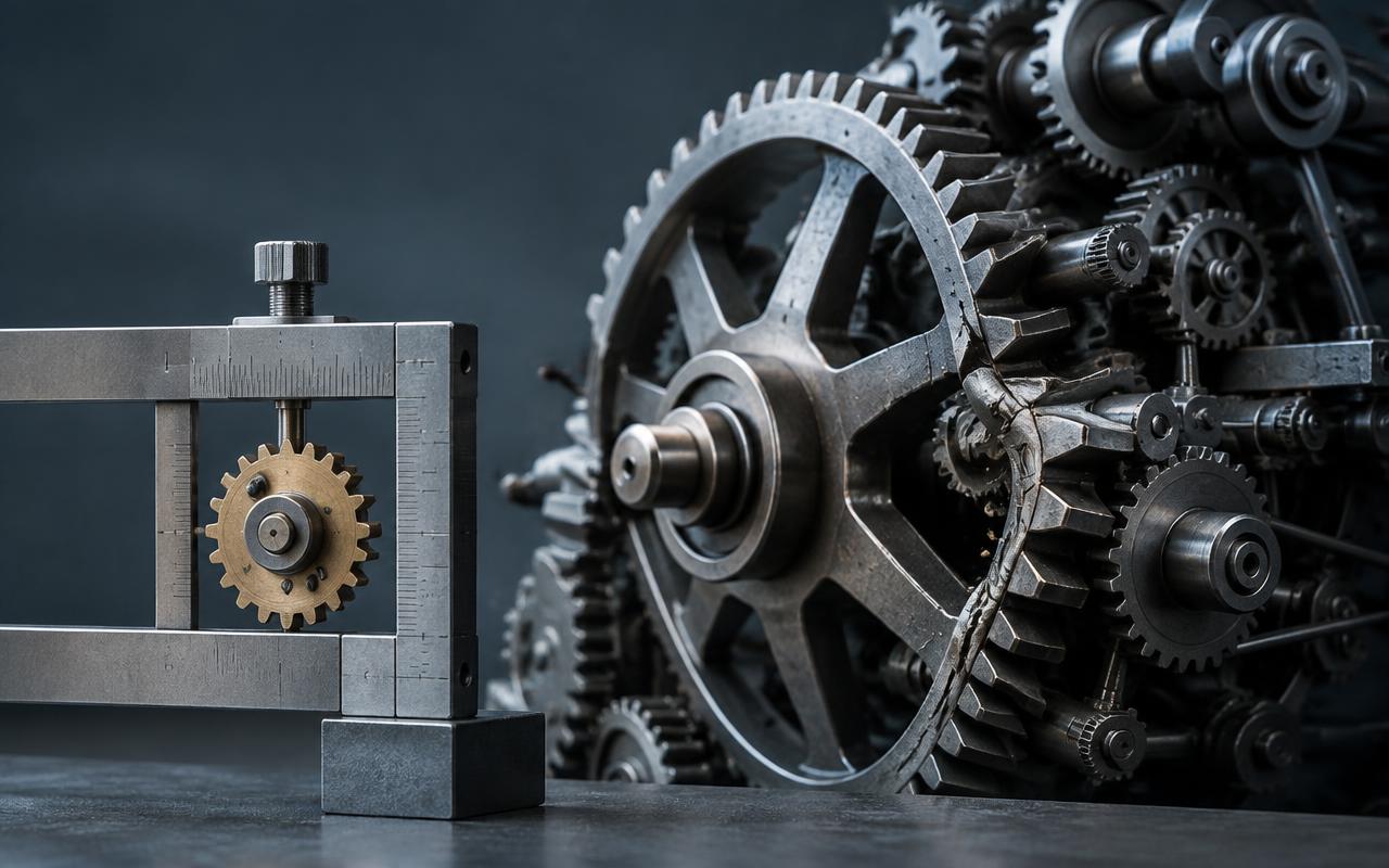 A small gear measured precisely while the larger mechanism strains A small gear measured precisely while the larger mechanism strains