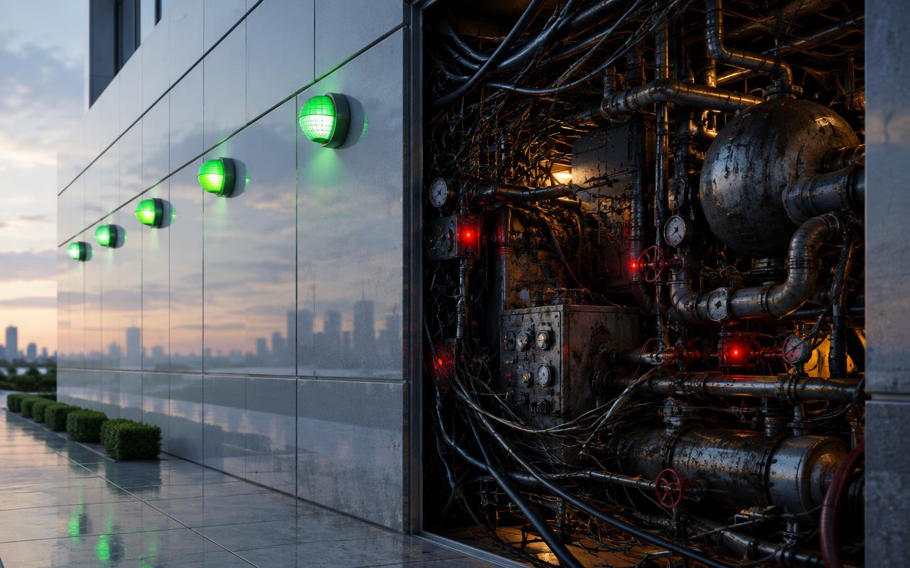 Green compliance lights hiding tangled and risky machinery Green compliance lights hiding tangled and risky machinery